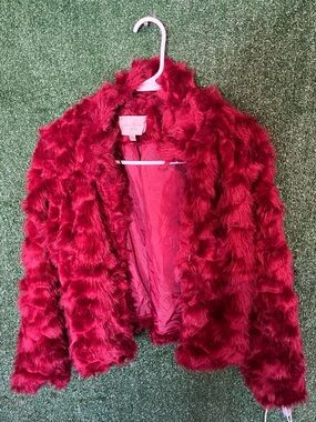 Plush Faux-Fur Jacket in Deep Red by